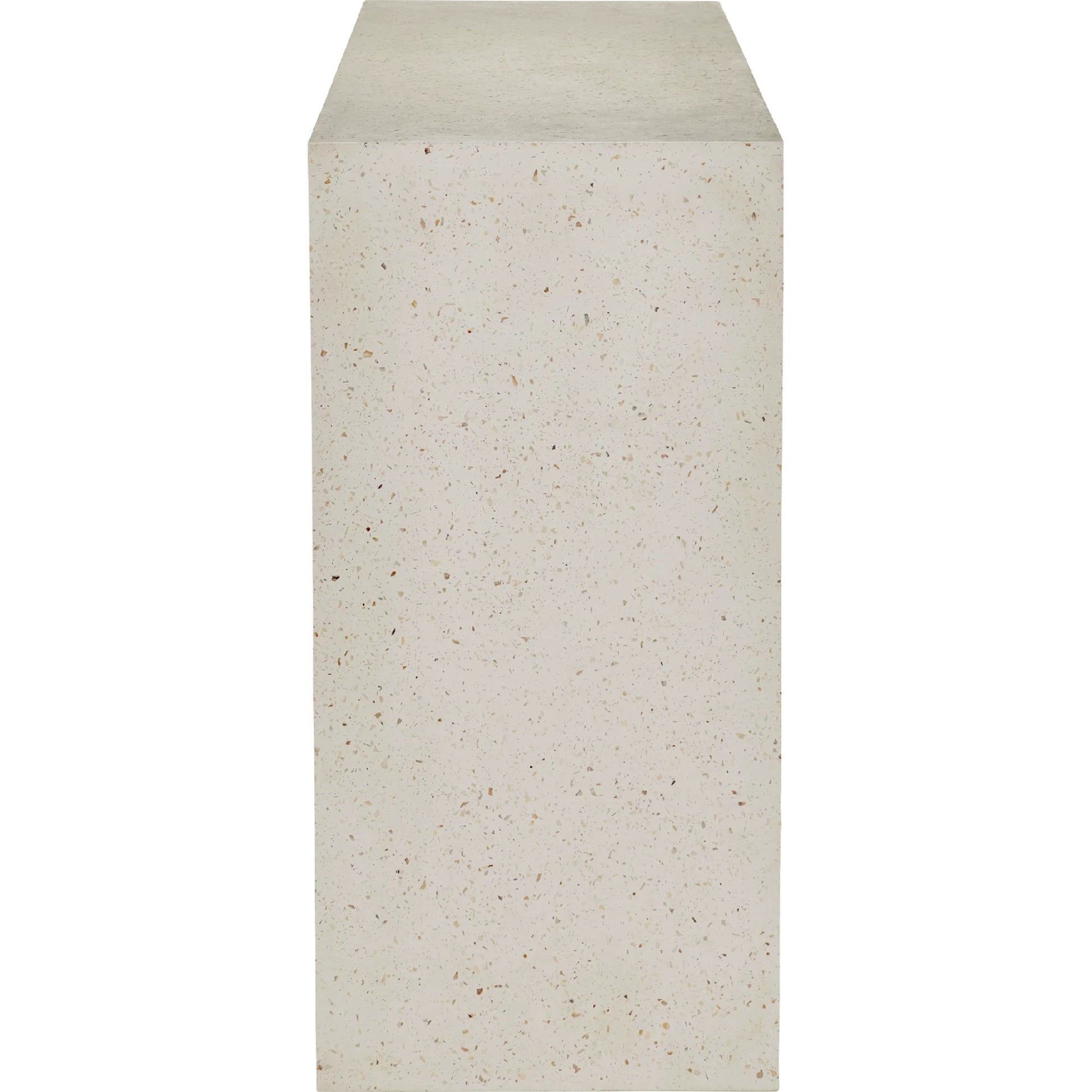 Carson Console Table by Currey and Company in ivory terrazzo. Made from fiber concrete, stone, shell in a transitional style.
