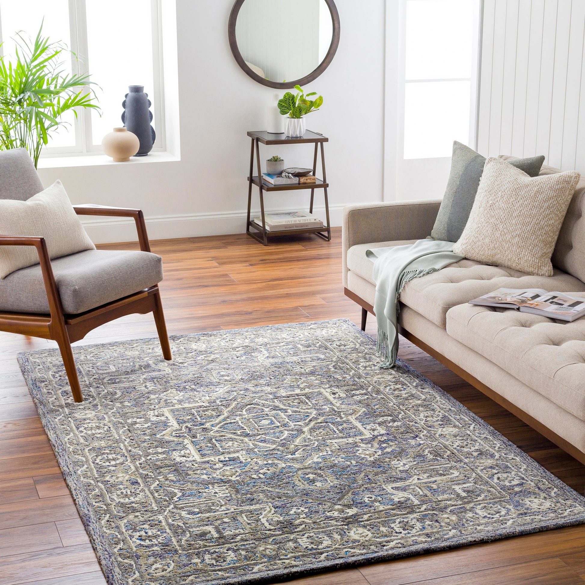 Shelby SBY-1003 Rug by Livabliss in dusty sage, light sage, medium gray, light beige, mustard, black. Made from 60% wool, 40% art silk in a unique style.