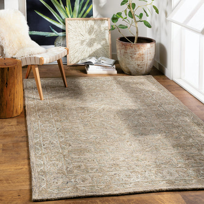 Shelby SBY-1003 Rug by Livabliss in dusty sage, light sage, medium gray, light beige, mustard, black. Made from 60% wool, 40% art silk in a unique style.