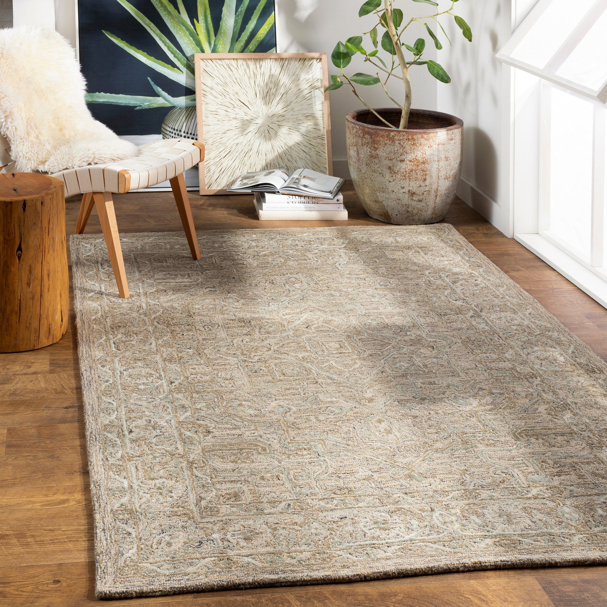 Shelby SBY-1003 Rug by Livabliss in dusty sage, light sage, medium gray, light beige, mustard, black. Made from 60% wool, 40% art silk in a unique style.