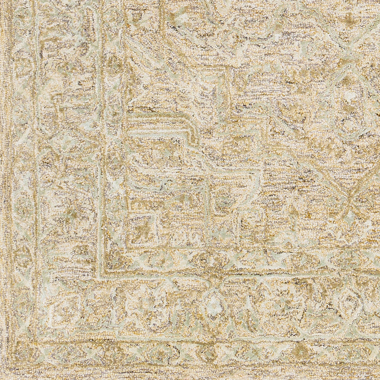 004 93691-37466,93691-37467,93691-37468,93691-37469,93691-37471 | Closeup | Shelby SBY-1003 Rug by Livabliss in dusty sage, light sage, medium gray, light beige, mustard, black. Made from 60% wool, 40% art silk in a unique style.
