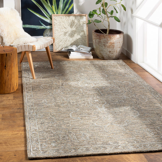 Shelby Rug - 21506 by Livabliss in medium brown, sky blue, light sage. Made from 60% wool, 40% art silk in a unique style.