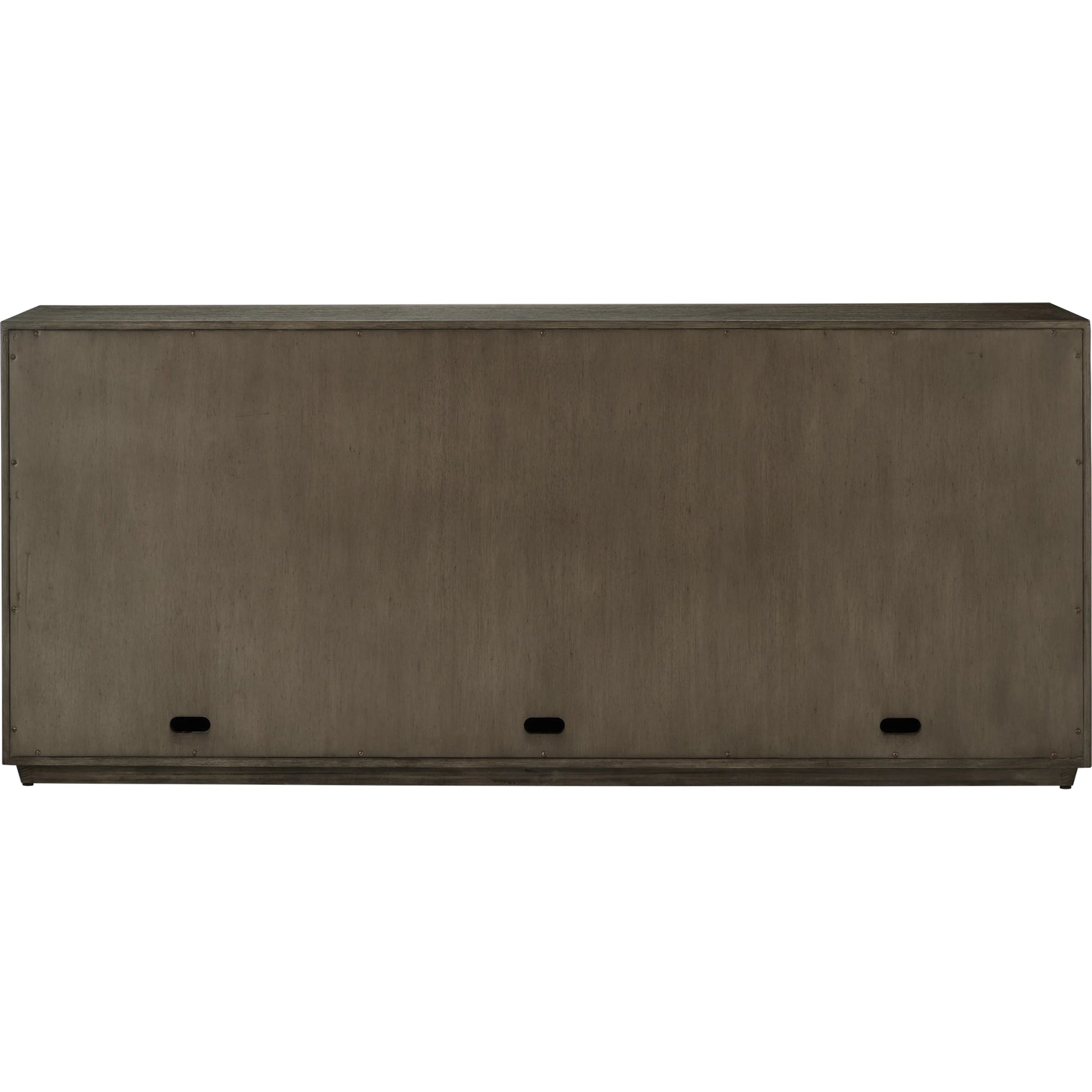 Kendall Credenza by Currey and Company in dove gray, polished brass. Made from oak solids, veneers, brass in a transitional style.