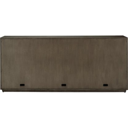 Kendall Credenza by Currey and Company in dove gray, polished brass. Made from oak solids, veneers, brass in a transitional style.