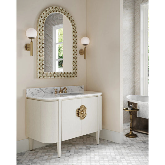 Briallen 48" Vanity with Oval Undermount Sink by Currey and Company. Made from white oak solids, veneers, carrara marble, vitreous china, brass in a unique style.