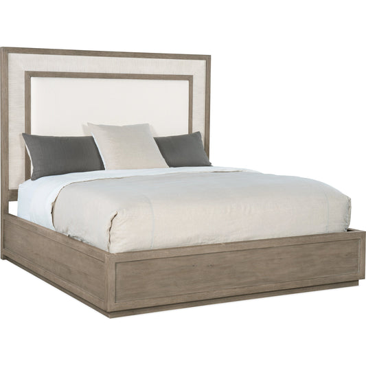 Serenity Rookery Upholstered Panel Bed by Hooker Furniture in beige and malibu, arctic. Made from oak veneers with fabric in a modern style.