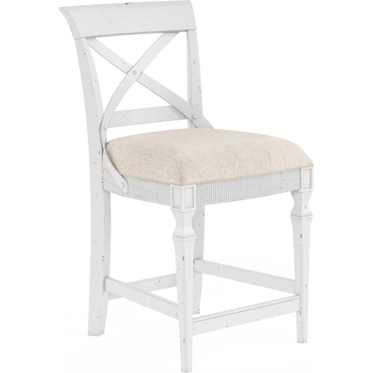Palisade Counter Stool by A.R.T. Furniture in vintage white. Made from parawood solids, foam, fabric, metal in a cottage & farmhouse style.