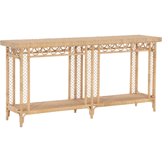 001 SI-2626293 | Primary Silo | Commerce and Market Knot Kidding Console Table by Hooker Furniture in beige and light natural raffia color. Made from mahogany solids, rattan manau in a unique style.