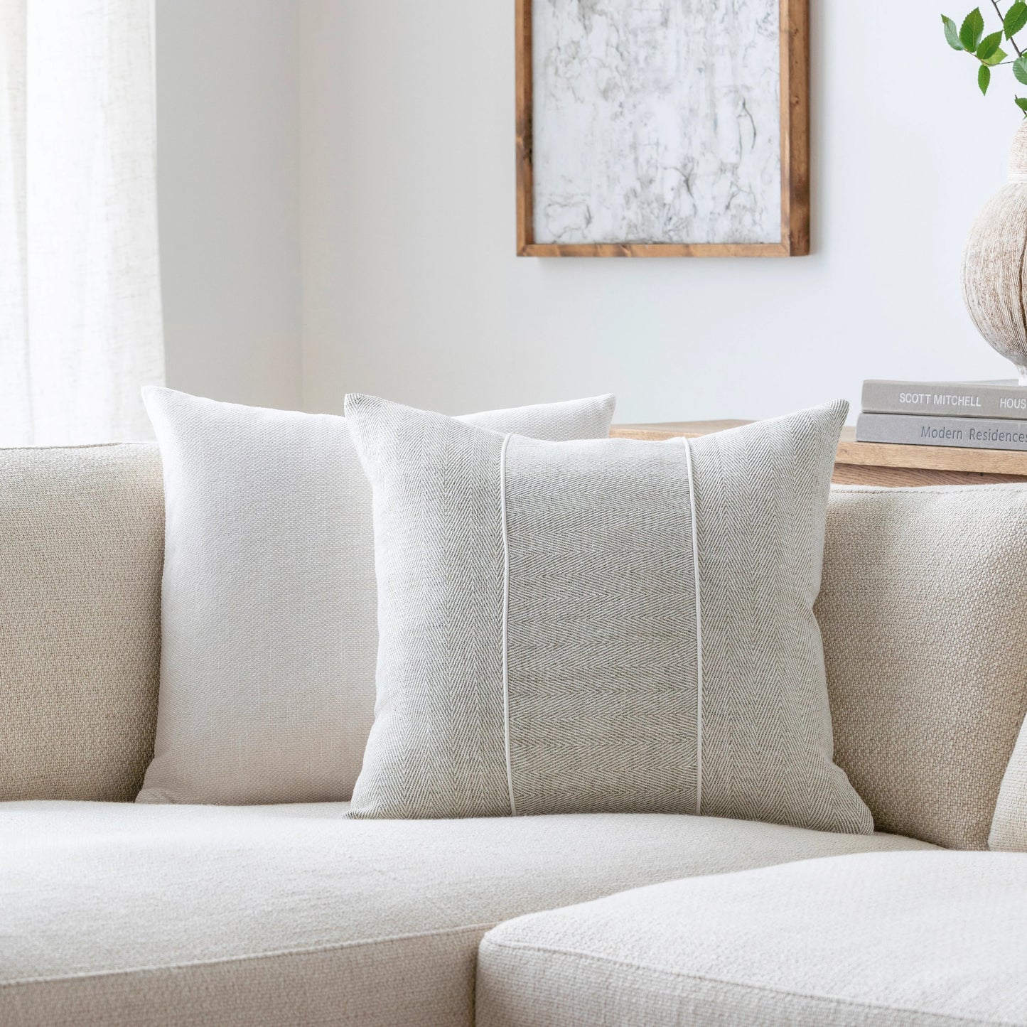002 SI-2052517,SI-2052518,SI-2052520,SI-2052521,SI-2052523,SI-2052524 | Lifestyle | Stitched Linen Pillow - 490655 by Surya in beige, ivory, taupe. Made from front: 100% linen, back: 100% cotton in a modern style.