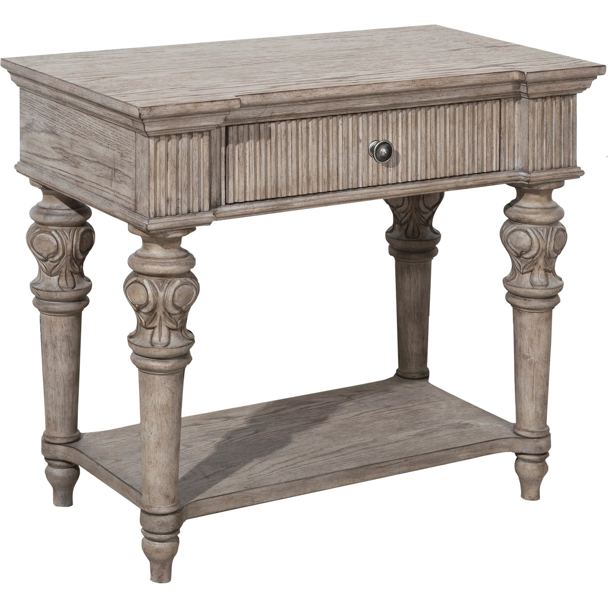 Kingsbury Open Nightstand by Pulaski Furniture in french grey. Made from oak veneers, hardwood solids in a traditional style.