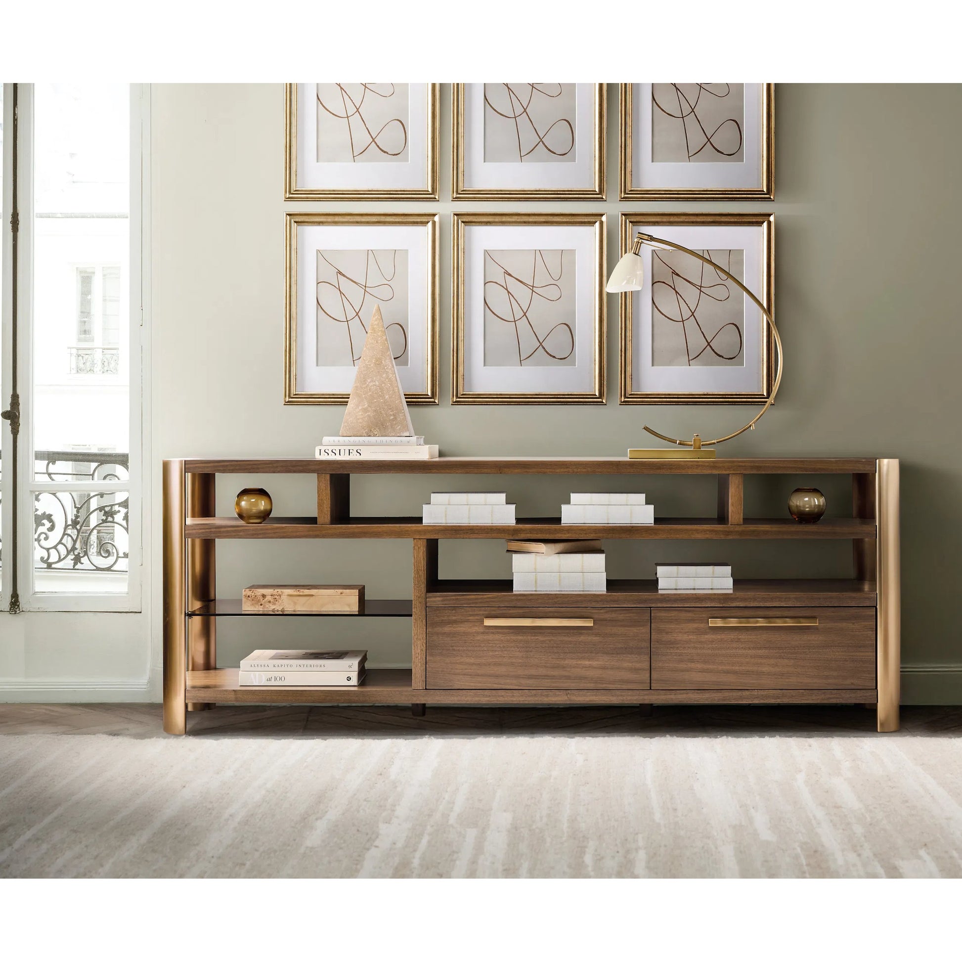 Eleana Entertainment Console by Hooker Furniture in light caramel, sunlit bronze metal, glass. Made from walnut veneers, glass in a modern style.