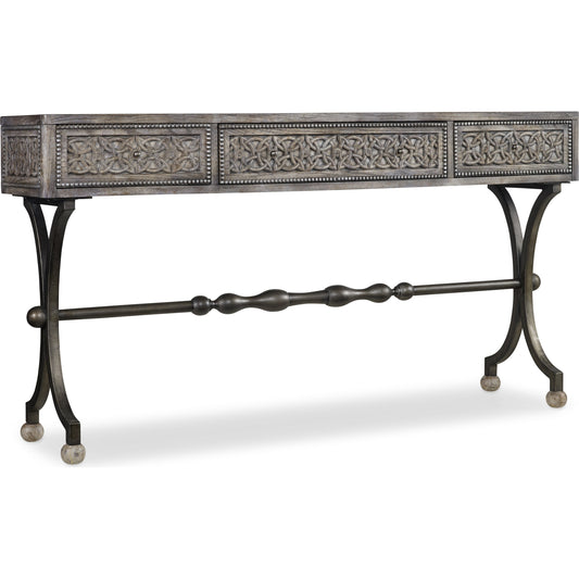 Ravenna Console by Hooker Furniture in gray. Made from cherry veneers with metal, resin in a unique style.