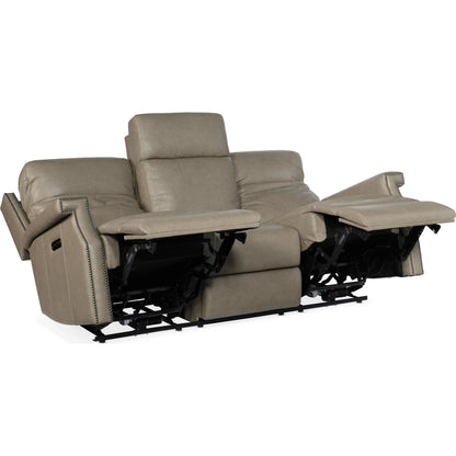 Vaughn Zero Gravity Sofa by Hooker Furniture in shattered stone. Made from leather in a traditional style.