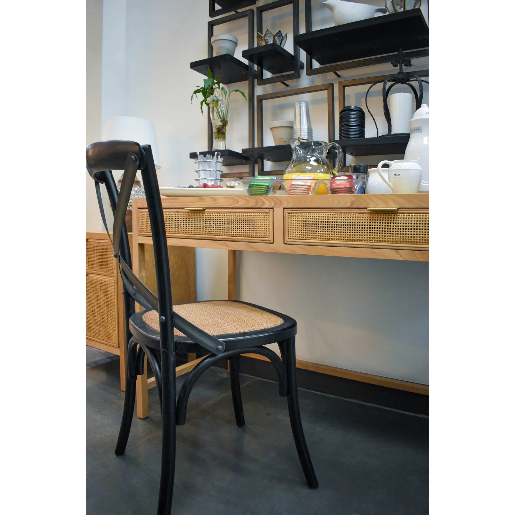 Cross Back Chair by LH Imports in black and black, brown, gunmetal. Made from elm, rattan, iron in a traditional style.