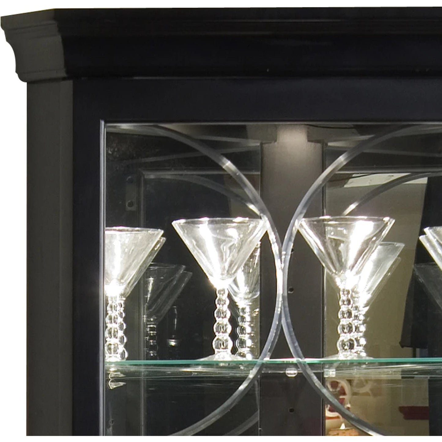 002 SI-2155500 | Closeup | Oxford Black Corner Curio by Pulaski Furniture in oxford black. Made from select hardwood solids, veneers in a traditional style.