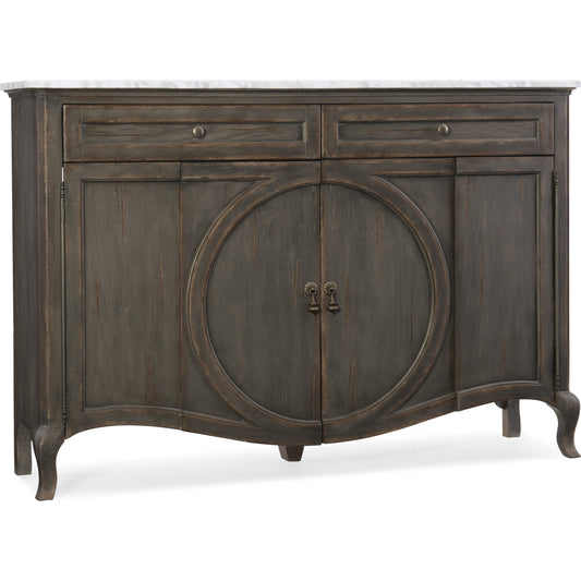 Arabella Credenza by Hooker Furniture in distressed charcoal. Made from oak veneers, marble in a cottage & farmhouse style.