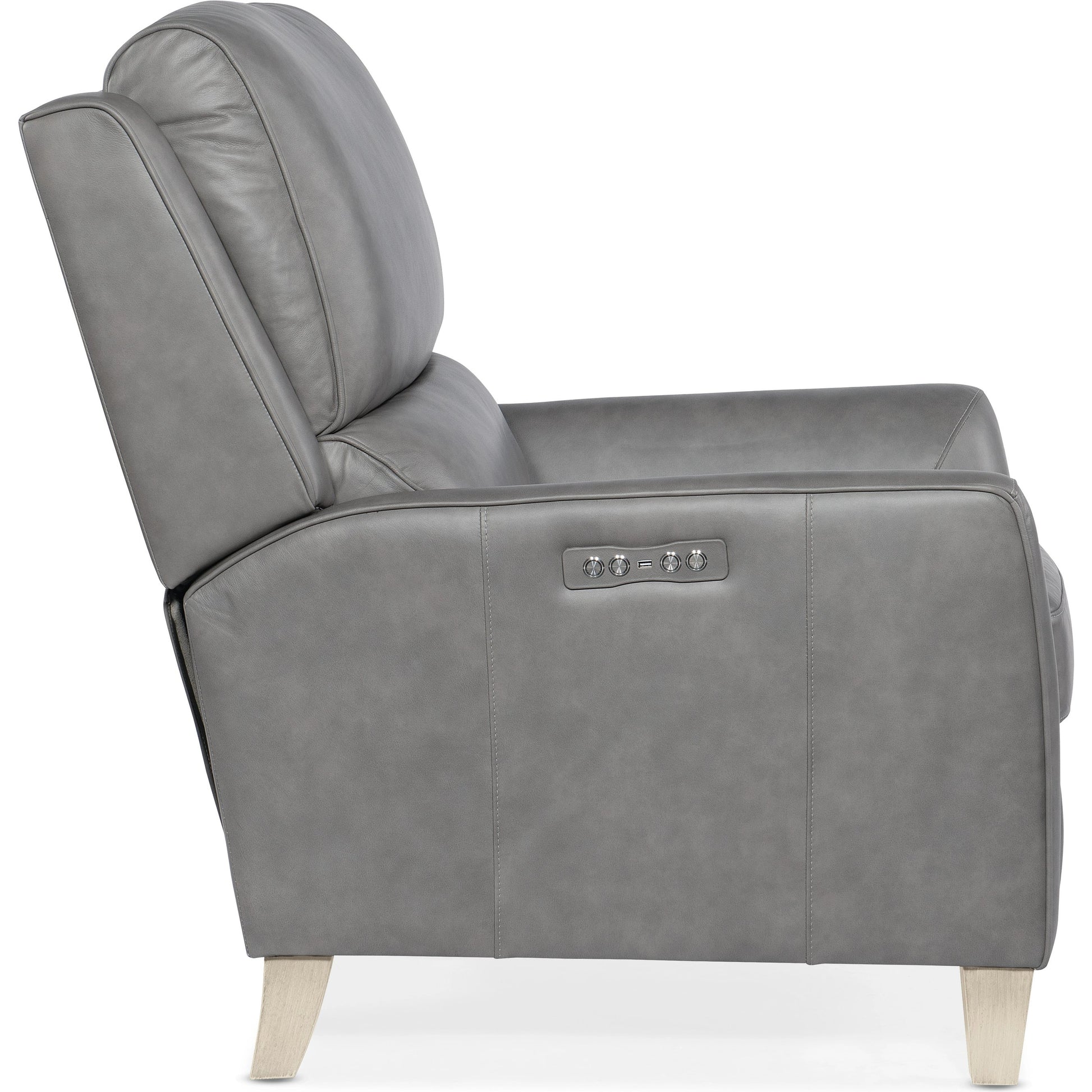 Dunes Power Recliner by Hooker Furniture in aline light gray. Made from leather in a traditional style.