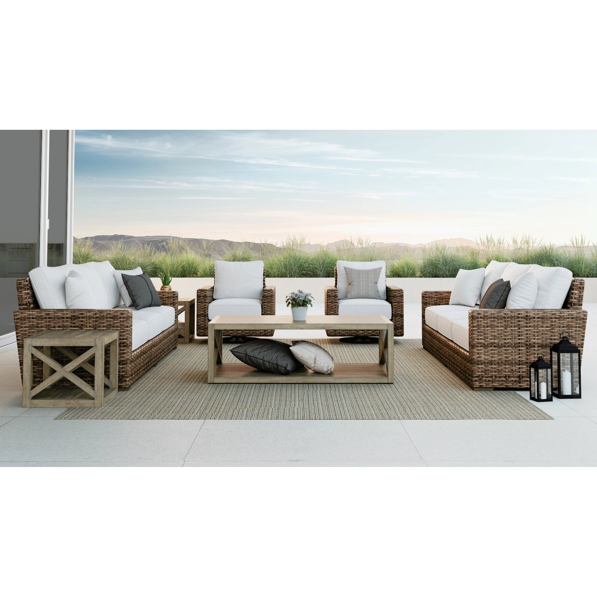 Havana Outdoor Sofa by Sunset West in tobacco. Made from resin wicker in a modern style.