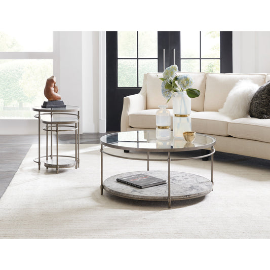 Nesting Tables by Hooker Furniture in champagne. Made from concrete with metal tubing, metal sheet, glass in a modern style.
