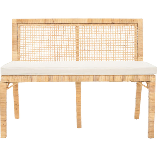 Sedan Sofa Bench by HedgeApple Essentials in natural, white. Made from mahagony wood, rattan, 100% polyester in a coastal style.