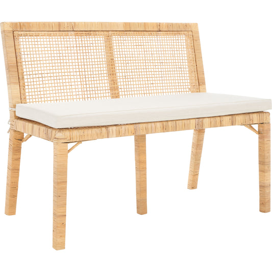 Sedan Sofa Bench by HedgeApple Essentials in natural, white. Made from mahagony wood, rattan, 100% polyester in a coastal style.
