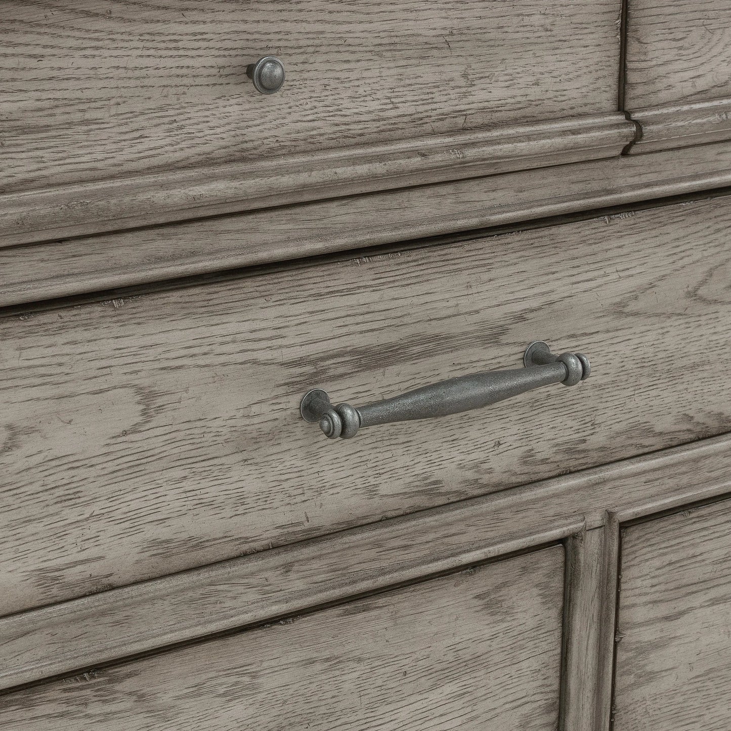 003 SI-2155607 | Closeup | Madison Ridge Dresser by Pulaski Furniture in bluff grey. Made from asian hardwood, oak veneers in a traditional style.