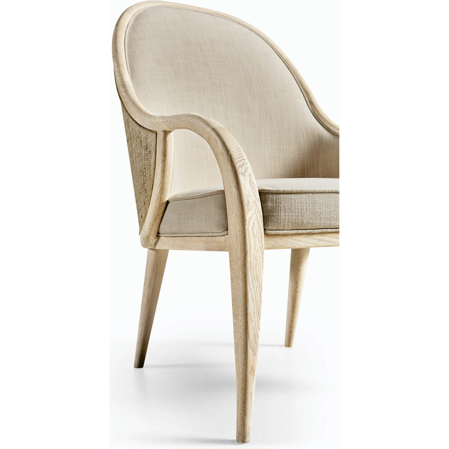 009 SI-2186257 | Closeup | Water Basin Dining Arm Chair by Jonathan Charles in whitewash oak. Made from oak, foam, fabric, grass cloth in a modern style.