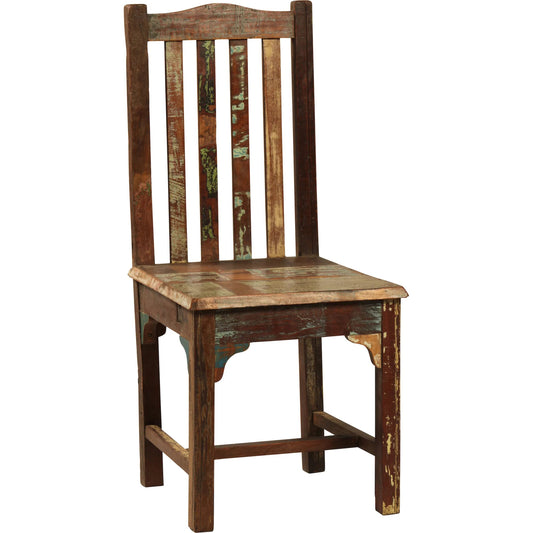 Distressed Painted Reclaimed Hardwood Lath Back Dining Chair by Arch & Plane in distressed medium brown. Made from reclaimed mango in a modern style.