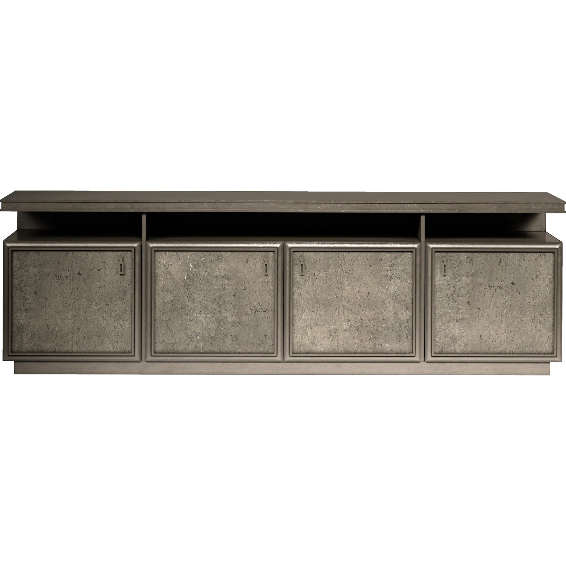 Cove Entertainment Console by A.R.T. Furniture in grey and mica. Made from rubberwood solids, primavera veneers, metal, cork in a traditional style.