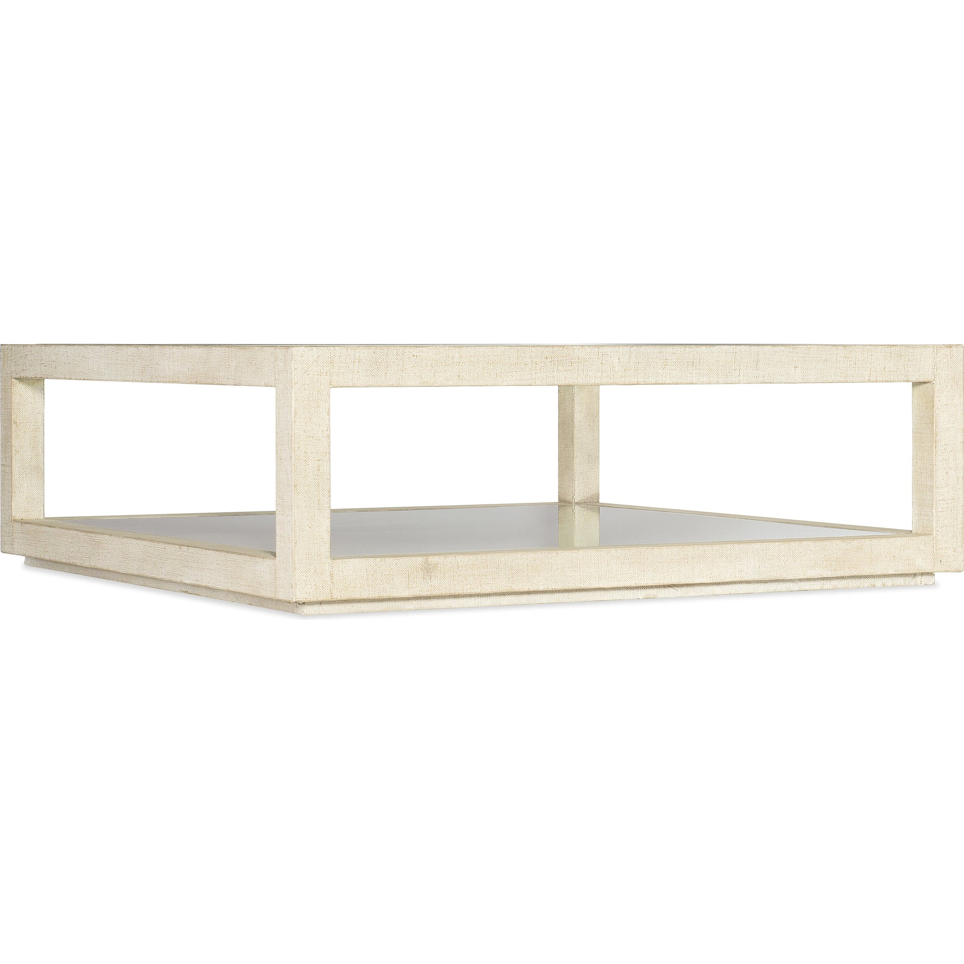 Cascade Square Cocktail Table by Hooker Furniture in pebble beach. Made from burlap, tempered glass, mirror in a modern style.