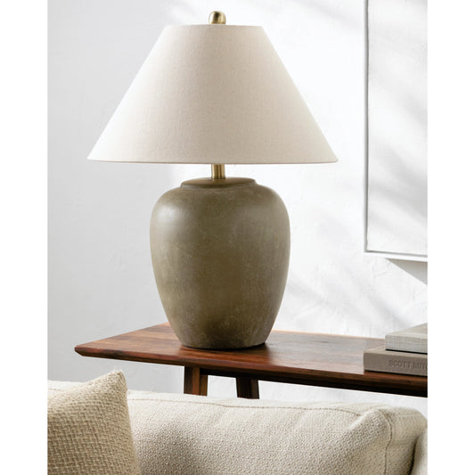 Serrano Accent Table Lamp - 535892 by Surya in body: gray, shade (outside): beige, shade (inside): white, finial: metallic - nickel, harp: metallic - nickel, cord: translucent and glazedplated. Made from ceramic, linen, iron in