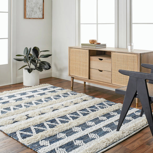 Serena Rug - 32484 by Surya in ivory, dark blue, blue, light beige. Made from main: 60% recycled fabric, main: 40% cotton in a unique style.