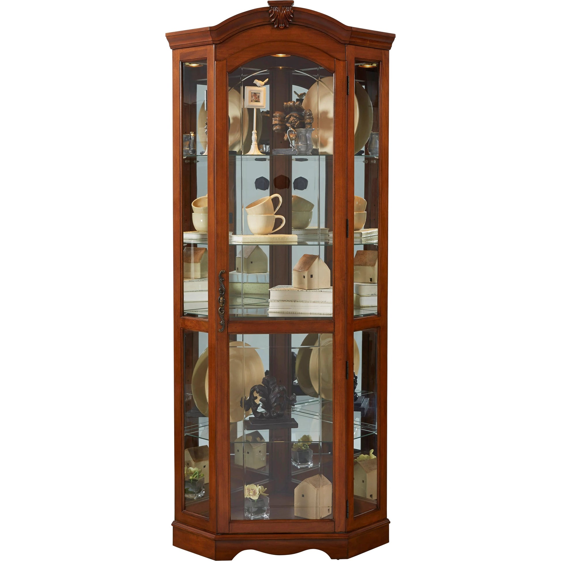 Medallion Cherry Corner Curio by Pulaski Furniture in cherry brown. Made from select hardwoods in a traditional style.