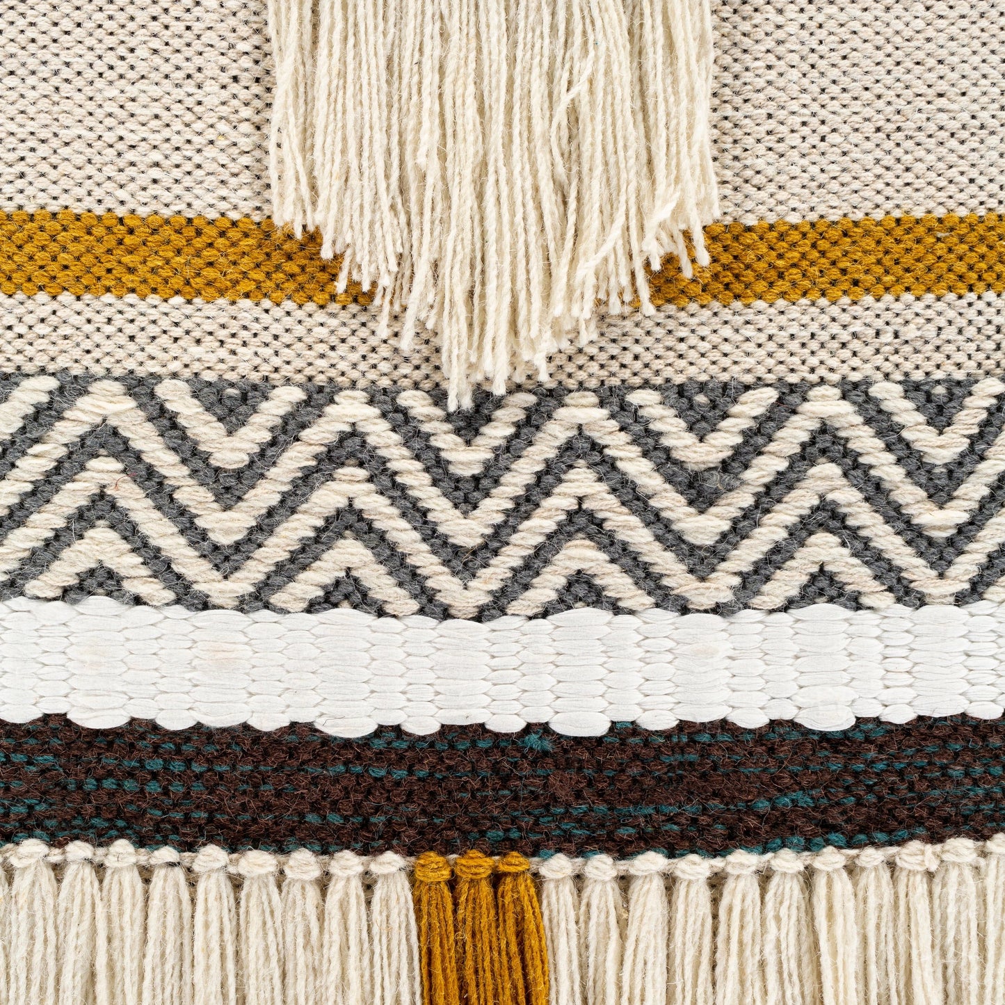 002 SI-1890040 | Closeup | Saiful - 25854 by Surya in charcoal, light beige, cream, black, mustard, dark brown. Made from 70% wool, 20% polyester, 10% cotton in a eclectic & global style.