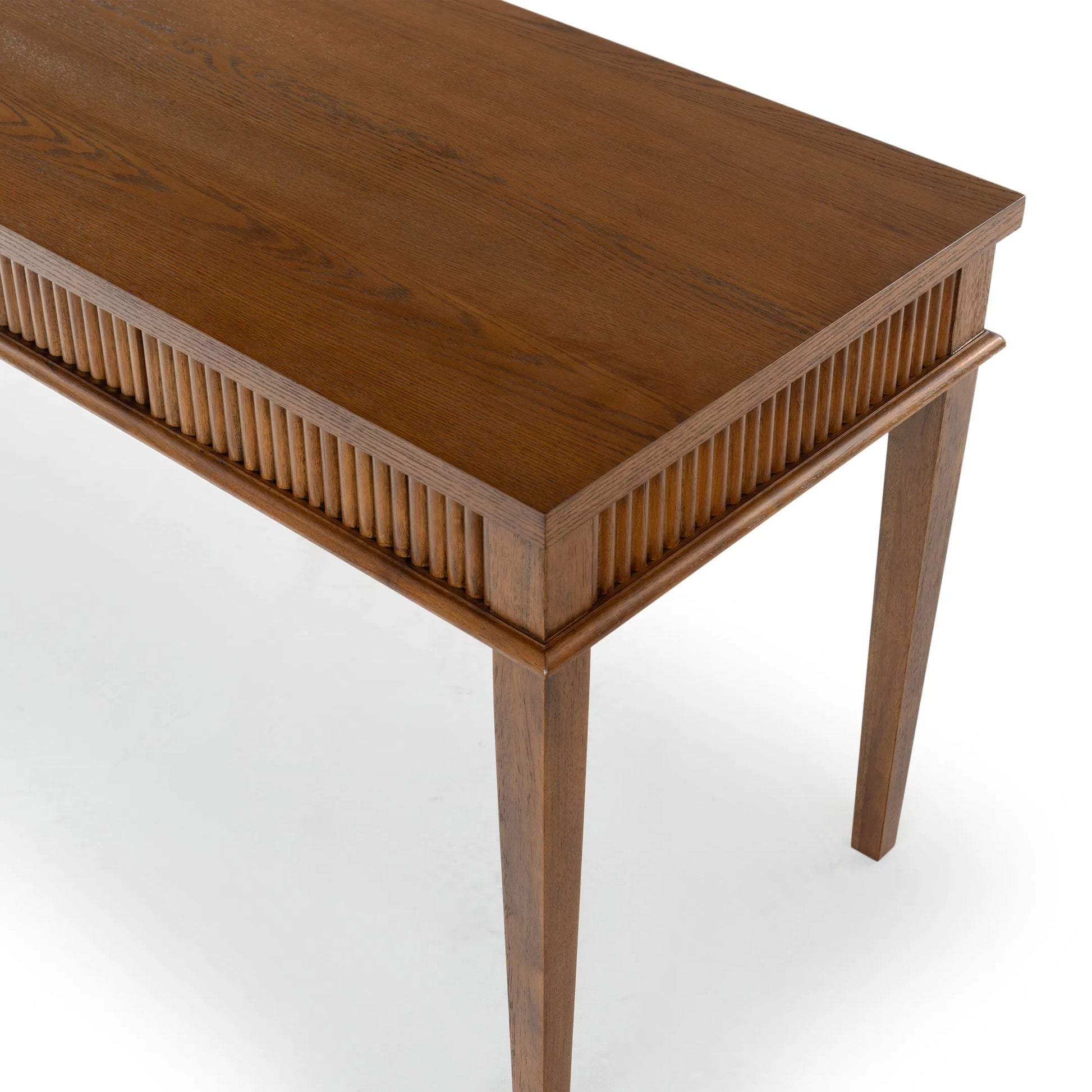 Marion 1 Drawer Reeded Desk by HedgeApple Essentials in medium oak, black. Made from rubber wood, oak veneer, manufactured wood in a transitional style.
