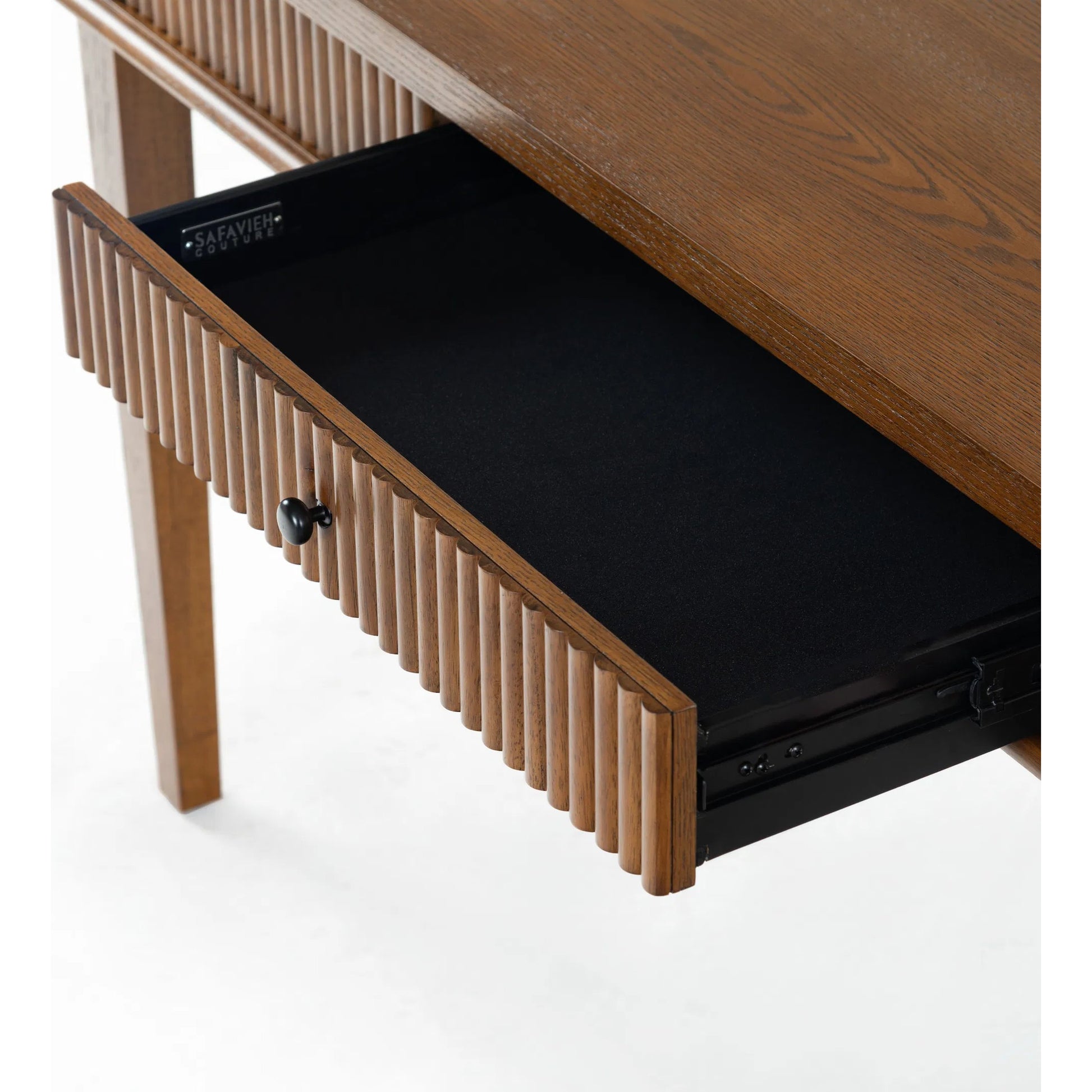 Marion 1 Drawer Reeded Desk by HedgeApple Essentials in medium oak, black. Made from rubber wood, oak veneer, manufactured wood in a transitional style.