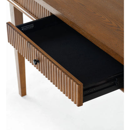 Marion 1 Drawer Reeded Desk by HedgeApple Essentials in medium oak, black. Made from rubber wood, oak veneer, manufactured wood in a transitional style.