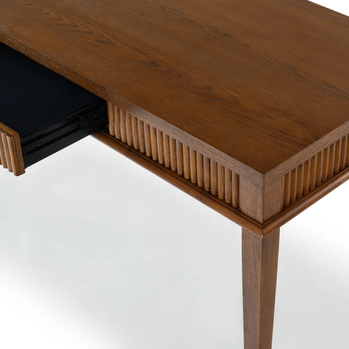 006 SI-2454124 | Closeup | Marion 1 Drawer Reeded Desk by HedgeApple Essentials in medium oak, black. Made from rubber wood, oak veneer, manufactured wood in a transitional style.
