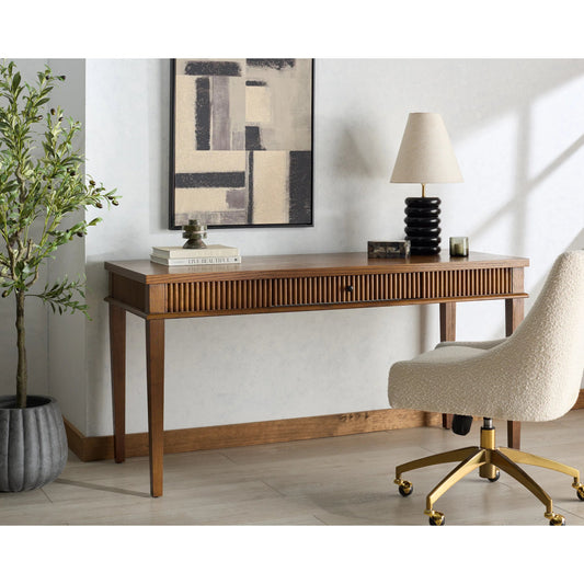 Marion 1 Drawer Reeded Desk by HedgeApple Essentials in medium oak, black. Made from rubber wood, oak veneer, manufactured wood in a transitional style.