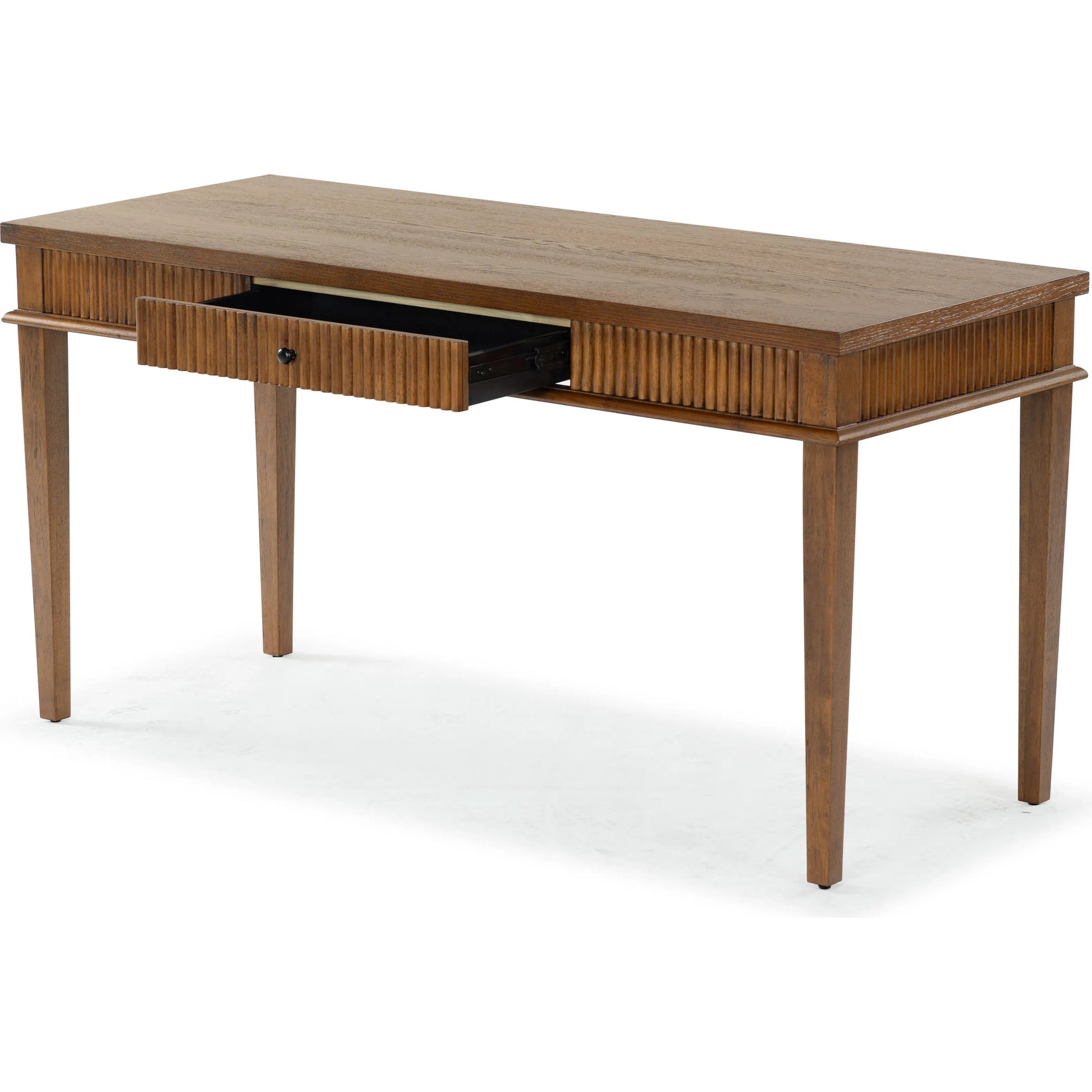 Marion 1 Drawer Reeded Desk by HedgeApple Essentials in medium oak, black. Made from rubber wood, oak veneer, manufactured wood in a transitional style.