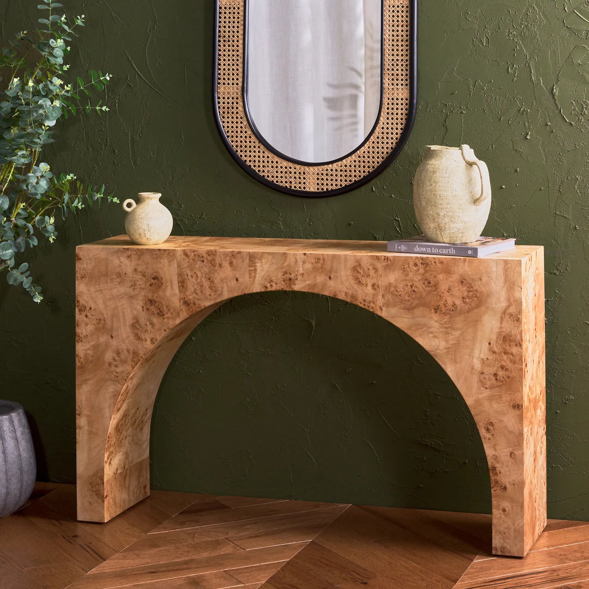 Moffat Burled Mappa Console Table by HedgeApple Essentials. Made from mdf in a transitional style.