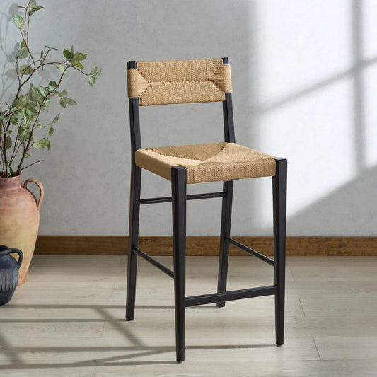 Peach Rattan Counter Stool by HedgeApple Essentials. Made from oak wood, iron, paper cord in a rustic style.