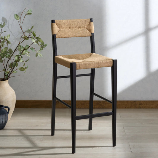 Peach Rattan Barstool by HedgeApple Essentials. Made from oak wood, iron, paper cord in a rustic style.