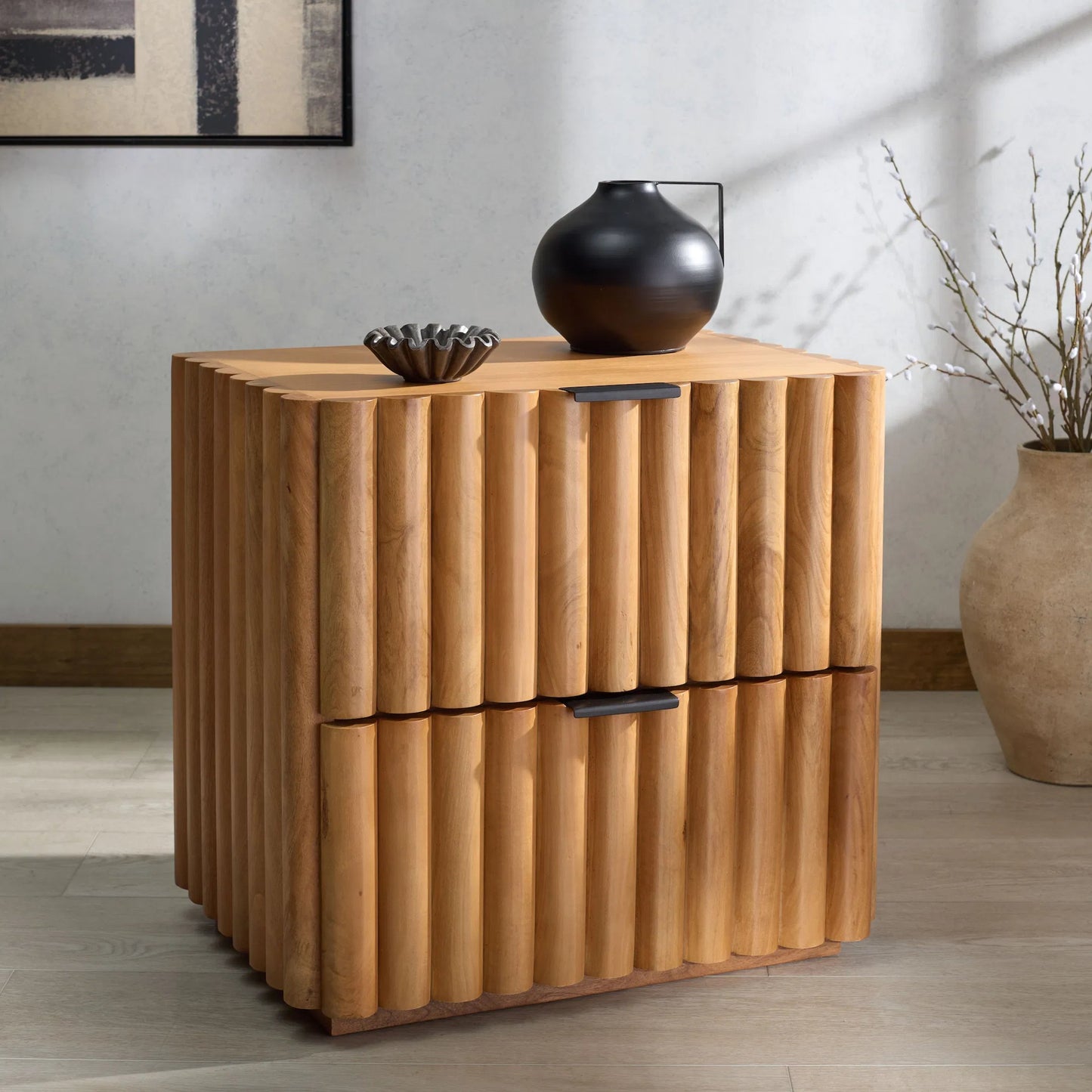 006 SI-2454182 | Lifestyle | Limestone Fluted Nightstand by HedgeApple Essentials in natural, black. Made from mango wood, veneer, plywood, iron in a transitional style.