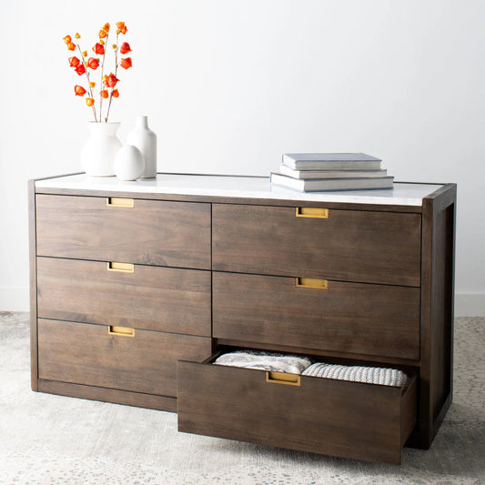 Adeline 6 Drawer Dresser by Safavieh in dark chocolate. Made from solid rubber wood, mdf, acacia veneer, plywood, iron in a modern style.
