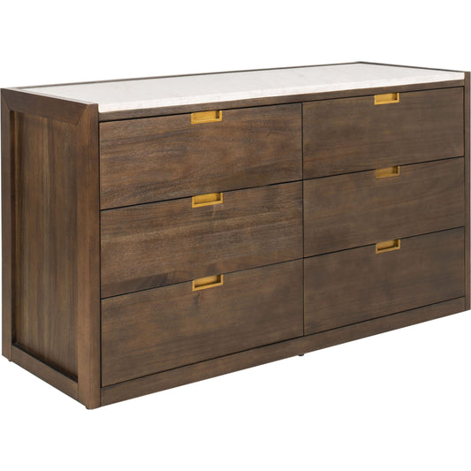 Adeline 6 Drawer Dresser by Safavieh in dark chocolate. Made from solid rubber wood, mdf, acacia veneer, plywood, iron in a modern style.