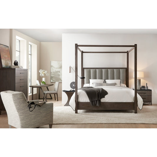 Jackson Poster Bed by Hooker Furniture in grey and smoky arabica, cleary cement. Made from white oak, pine knotty oak veneers with fabric in a traditional style.