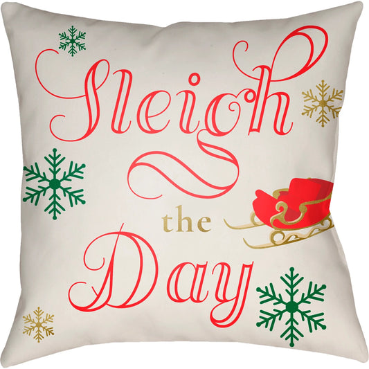 Sleigh the Day Pillow - 36036 by Livabliss in ivory, red, emerald, metallic gold. Made from front: 100% polyester, back: 100% polyester, fill: polyester, polyfill in a modern style.