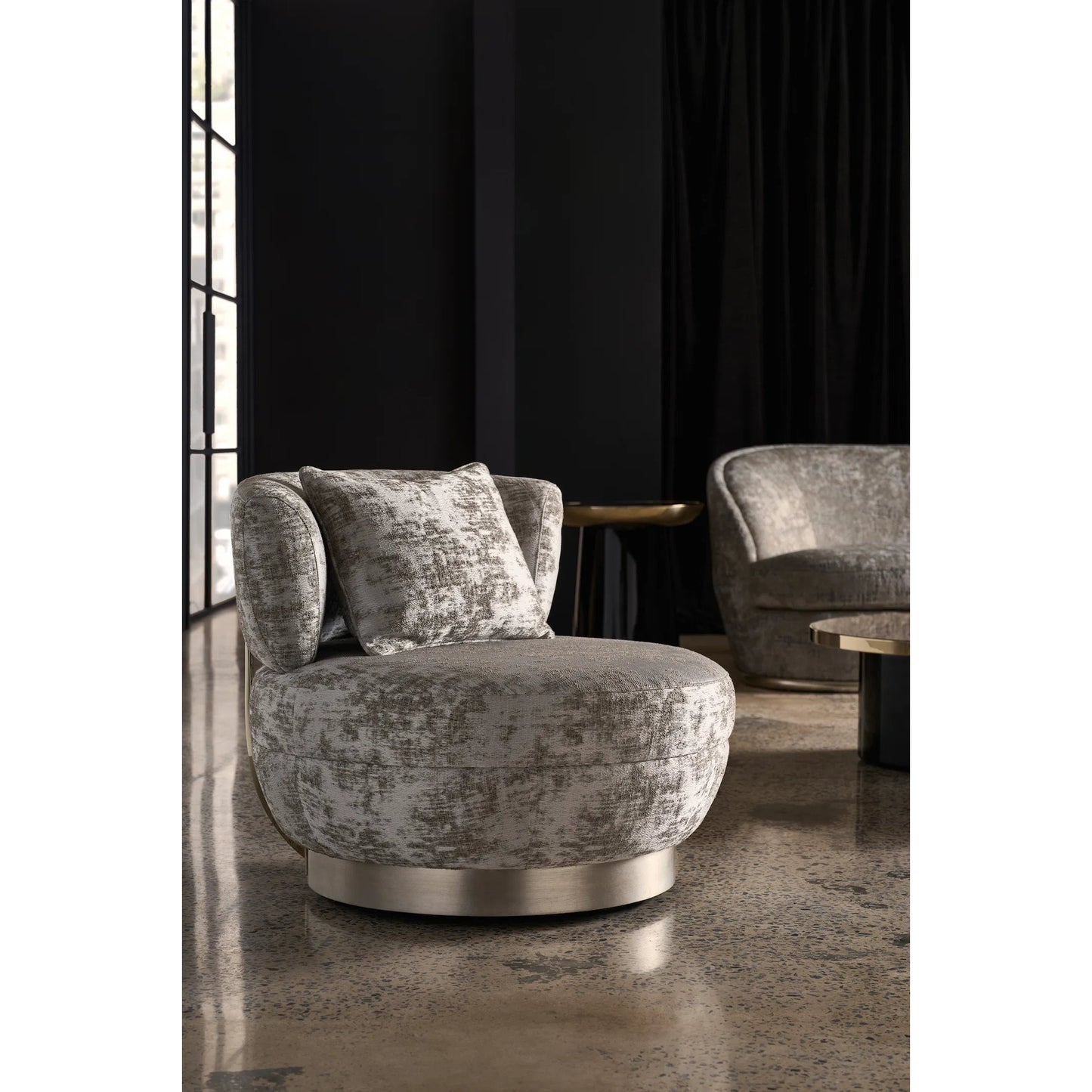 000 SI-2193885 | Lifestyle | Celeste Swivel Chair by Caracole in whisper of gold, charcoal leaf. Made from birch, metal in a modern style.