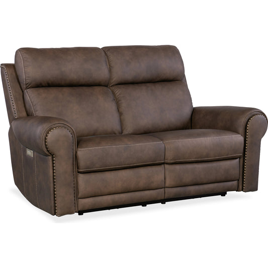 Duncan Power Loveseat by Hooker Furniture in kalahari bark. Made from leather, kalahari bark (semi-aniline top grain with splits) in a traditional style.